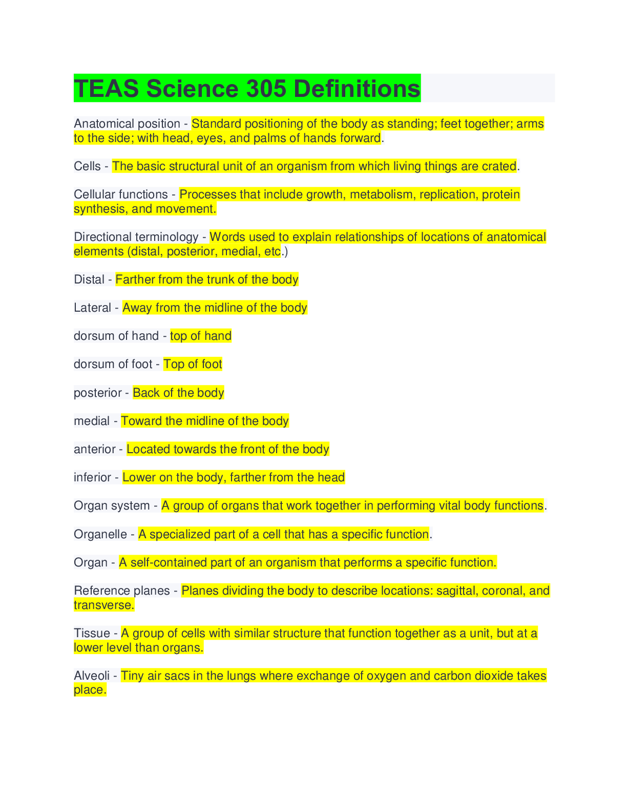 Preview image of TEAS Science 305 Definitions document